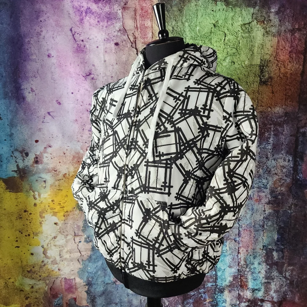 Medium Black and White Geometric Full Zip Lined Hoodie